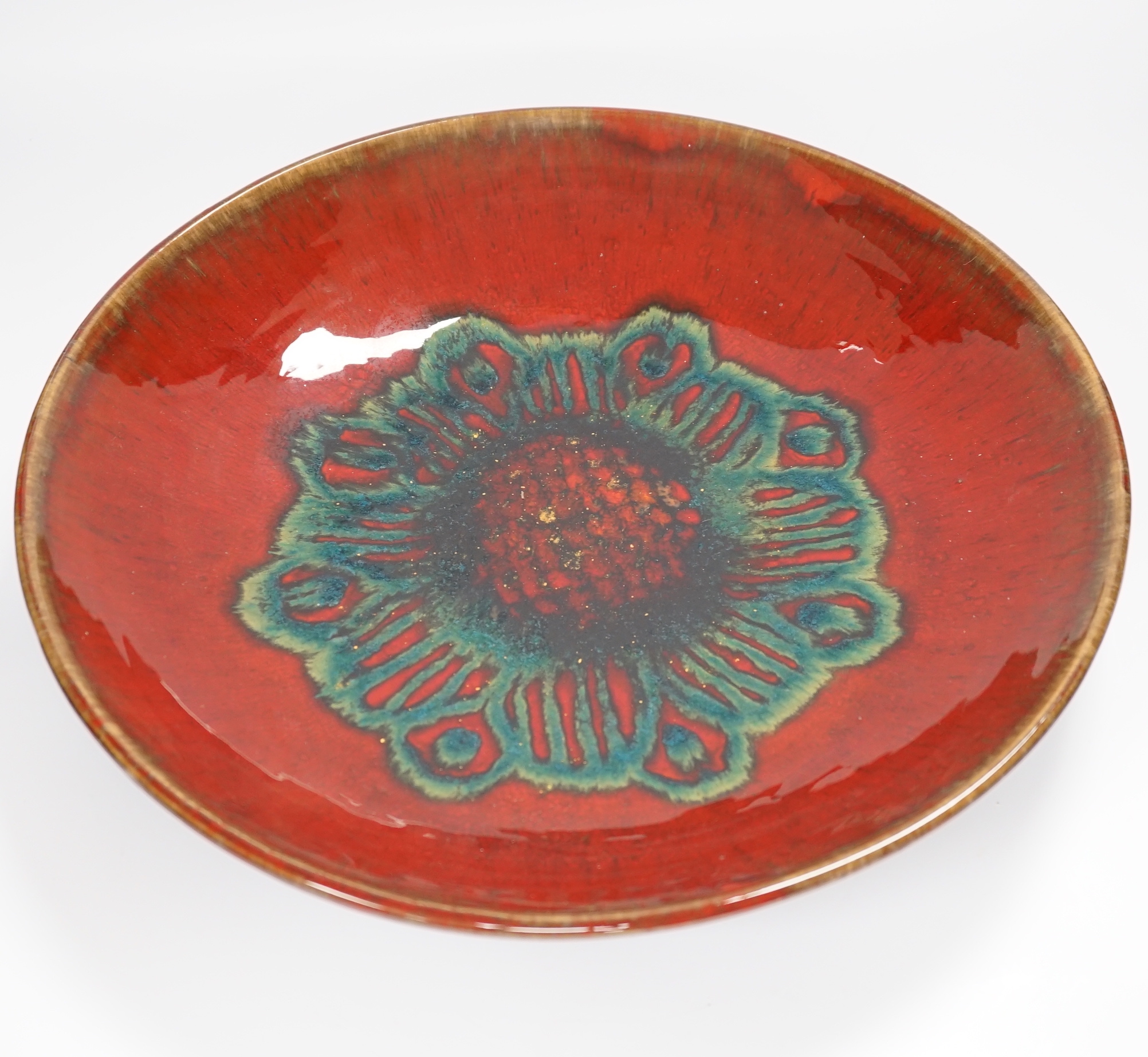 Jacques Linsig, an art pottery charger, Yolande Barraud label to the base, 40cm in diameter